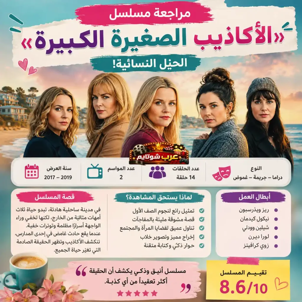 إنفوجرافيك لمسلسل Big Little Lies يقدّم مراجعة شاملة حول النوع، عدد الحلقات، أبطال العمل، القصة، وأسباب تميّز المسلسل.