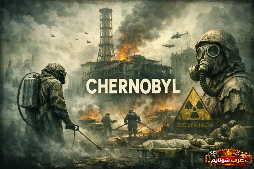 بوستر المسلسل القصير «تشيرنوبيل» – Chernobyl يظهر مشهداً كارثياً من موقع الانفجار النووي مع عمال يرتدون بدلات واقية وسط الدخان والدمار.