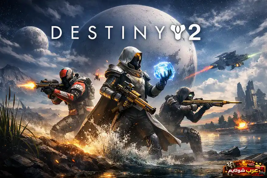 ملصق لعبة Destiny 2 يعرض ثلاثة حماة بملابس قتالية مستقبلية في مشهد ملحمي مع شعار اللعبة في الأعلى.