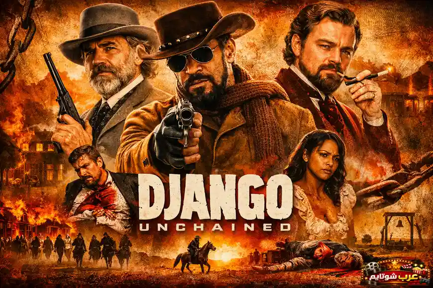 ملصق فيلم «جانغو الحر» يظهر شخصيات رئيسية في أجواء الغرب الأمريكي، مع البطل وهو يوجّه مسدسه وسط خلفية نارية تعكس طابع الفيلم الانتقامي.