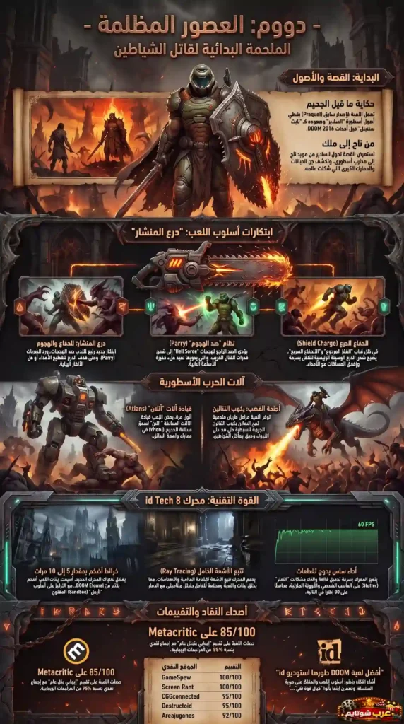 إنفوغرافيك عربي يشرح تفاصيل لعبة «DOOM: العصور المظلمة» مع عرض القصة، أسلوب اللعب، الابتكارات التقنية، وآراء النقّاد.