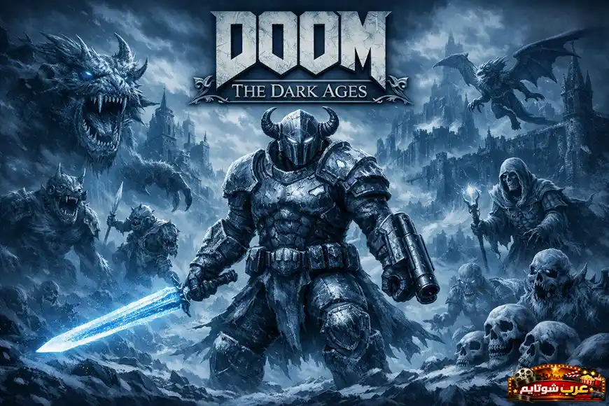 بوستر رسمي للعبة «DOOM: The Dark Ages» يظهر المحارب المدرّع وسط عالم مظلم مليء بالمخلوقات الشيطانية والقلعة القروسطية في الخلفية.