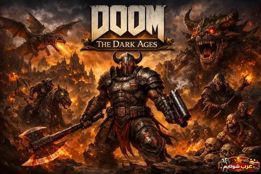 بوستر ملحمي للعبة «DOOM: The Dark Ages» يظهر المحارب المدرّع وسط معركة نارية ضد مخلوقات شيطانية وخلفه قلعة قروسطية محترقة.