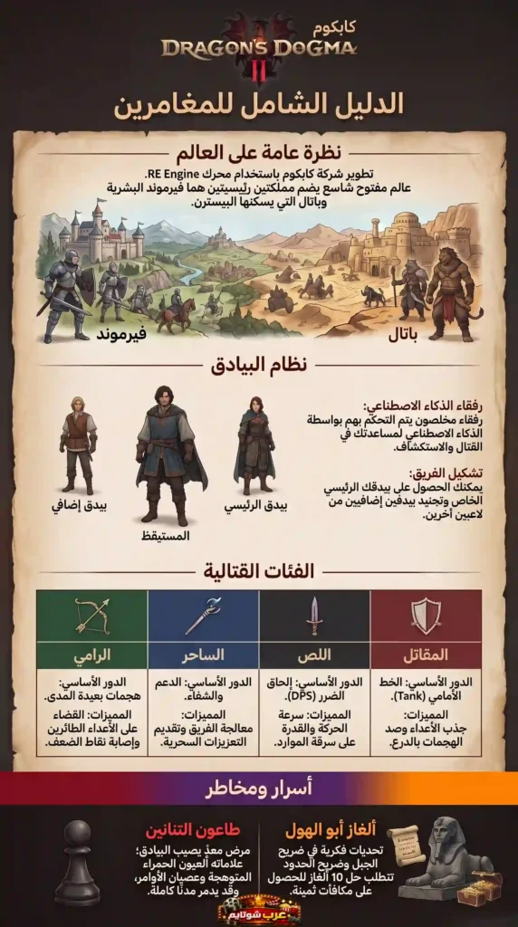 إنفوغرافيك شامل يقدّم نظرة عامة على لعبة دراغونز دوغما 2، يشرح عالمها المفتوح، نظام البيادق، والفئات القتالية الرئيسية.