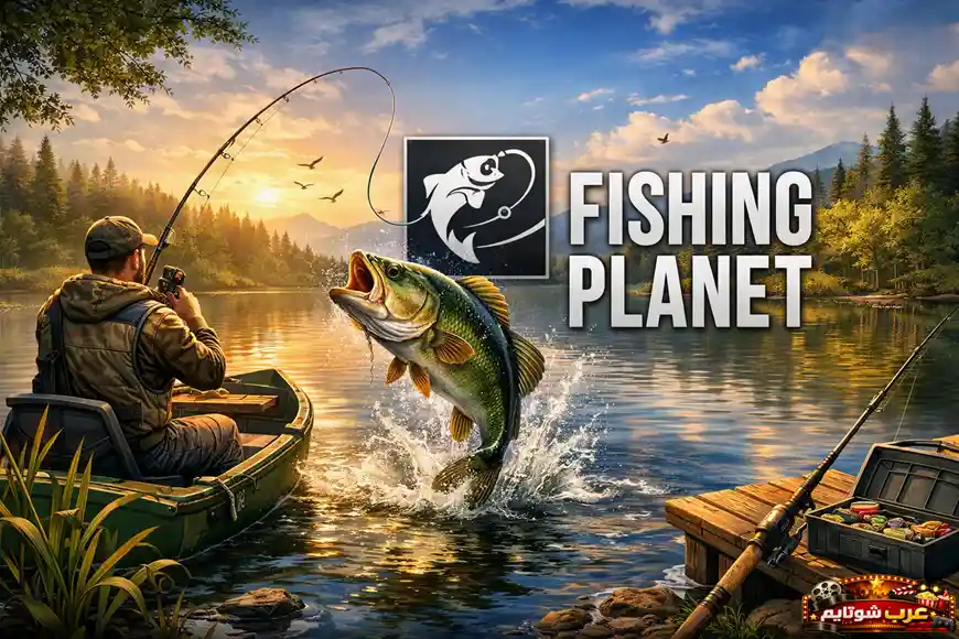ملصق لعبة Fishing Planet يعرض صيادًا في قارب صغير يصطاد سمكة كبيرة تقفز من الماء وسط منظر طبيعي هادئ عند الغروب، مع شعار اللعبة في الأعلى.