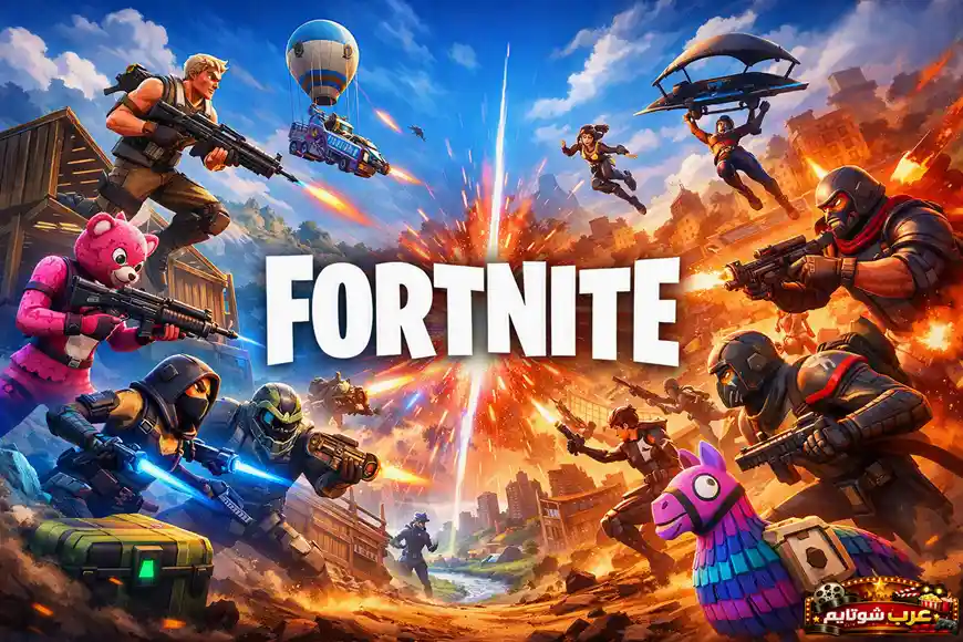 ملصق ترويجي مفعم بالحركة من لعبة Fortnite يظهر شخصيات في معركة ديناميكية وسط انفجار وألوان زاهية.