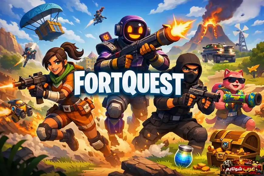 ملصق لعبة Fortnite يعرض شخصيات كرتونية في وضعيات قتالية وسط مشاهد مليئة بالحركة والمغامرة، مع شعار اللعبة في المنتصف.