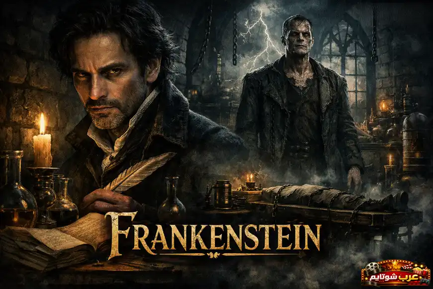 ملصق فيلم Frankenstein — صورة غوتيكية داخل مختبر مظلم تضم عالماً يعمل بين الكتب والمعدات العلمية، وخلفه المخلوق يقف وسط ومضات البرق.