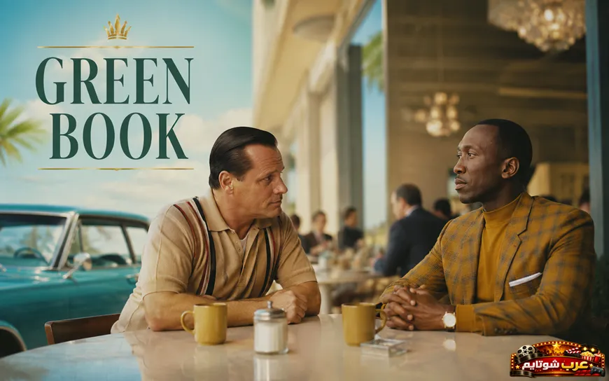 بوستر فيلم «الكتاب الأخضر» يظهر توني ليب والدكتور دون شيرلي في مقهى خلال إحدى محطات رحلتهما عبر الجنوب الأمريكي.