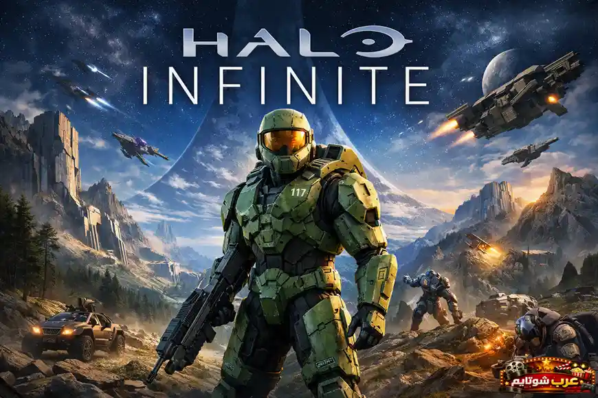 بوستر لعبة Halo Infinite يظهر ماستر تشيف في ساحة قتال خيالية مستقبلية