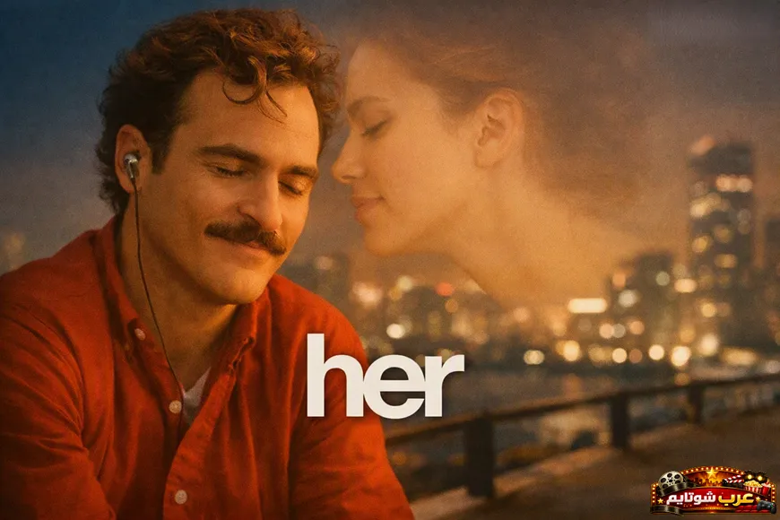 ملصق فيلم Her يظهر رجلاً يرتدي قميصاً أحمر مع صورة امرأة شفافة في الخلفية