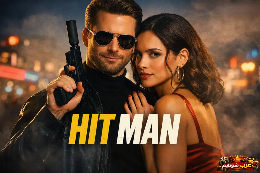 ملصق فيلم Hit Man يظهر رجلًا مسلّحًا مع امرأة تقف بجانبه في أجواء ليلية