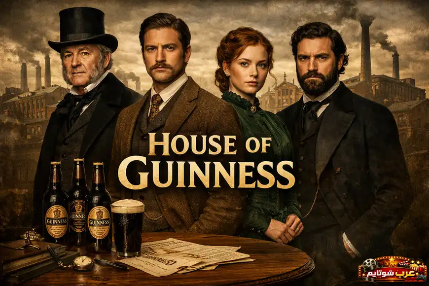 صورة ترويجية لمسلسل «عائلة غينيس» (House of Guinness) تُظهر أفراد العائلة أمام مصنع غينيس التاريخي في دبلن.