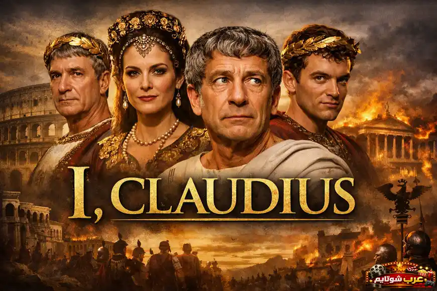 بوستر المسلسل القصير «أنا، كلوديوس» – I, Claudius يظهر شخصيات من روما القديمة بملابس إمبراطورية أمام خلفية من المعابد والعمارة الرومانية.