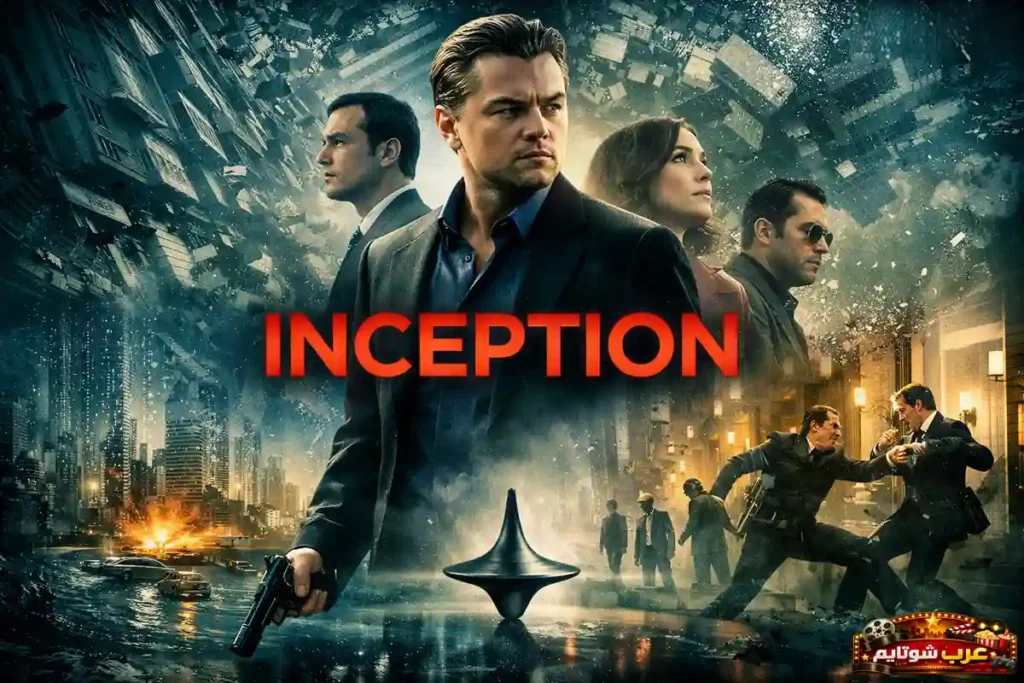 ملصق سينمائي لفيلم إنسبشن يظهر الشخصيات الرئيسية أمام مدينة تنحني بشكل غير واقعي، مع إبراز الطابع الذهني والخيالي للفيلم.