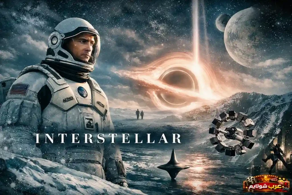 ملصق سينمائي لفيلم بين النجوم يظهر رائد فضاء يقف على سطح كوكب جليدي، مع خلفية تضم ثقباً أسود وكواكب ومركبة فضائية مستقبلية.