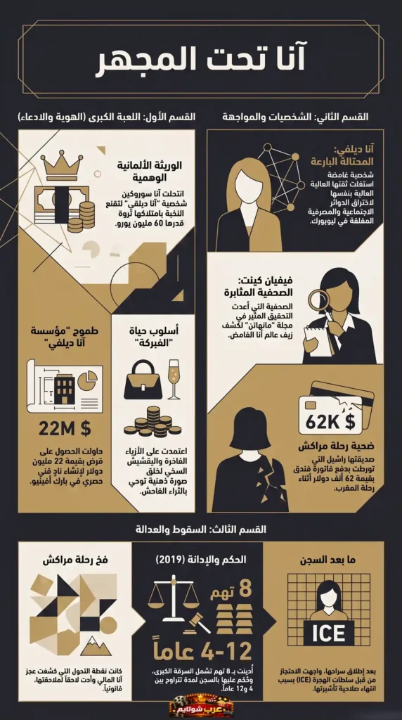 إنفوغرافيك يوضح قصة آنا سوروكين المعروفة باسم آنا ديلفي، من صعودها داخل مجتمع النخبة في نيويورك إلى سقوطها القانوني، مع عرض محاور الهوية المزيفة، الشخصيات الرئيسية، والأحداث التي أدت إلى إدانتها.