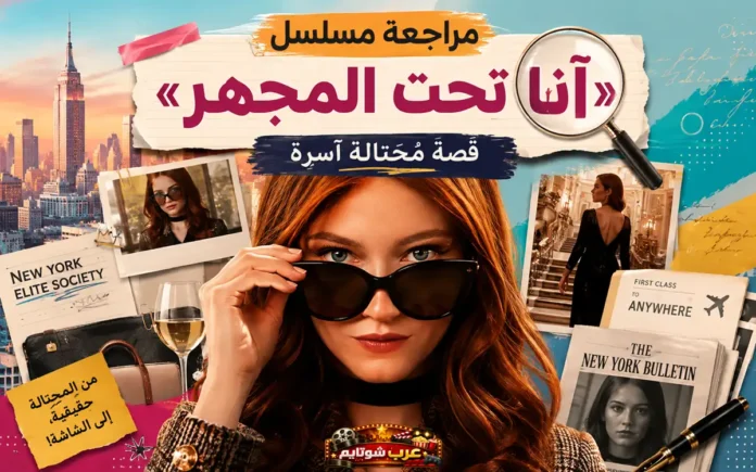صورة ترويجية لمسلسل آنا تحت المجهر تُظهر امرأة ذات شعر أحمر ونظارات سوداء وسط خلفية لمدينة نيويورك، مع عناصر توحي بالترف والخداع مثل حقيبة فاخرة ووثائق وصور.