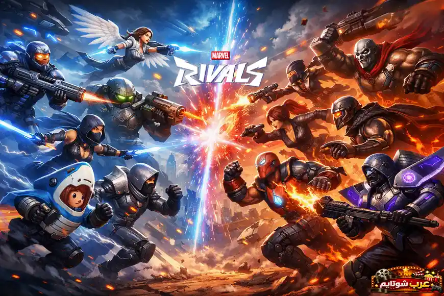 ملصق قتالي يعرض مواجهة فريقية ملحمية في لعبة Marvel Rivals مع تأثيرات ضوئية ديناميكية وأجواء تنافسية.
