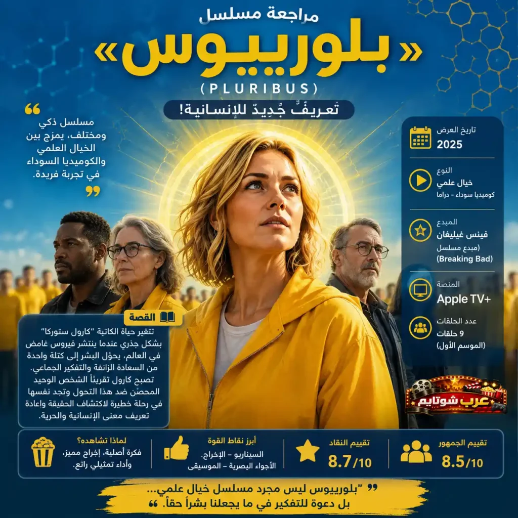 إنفوجرافيك لمسلسل بلوريبوس يُظهر كارول ستوركا في مقدمة المشهد وخلفها مجموعة موحّدة، مع عناصر مستقبلية تعكس فكرة الوعي الجماعي والصراع من أجل الحرية الفردية.