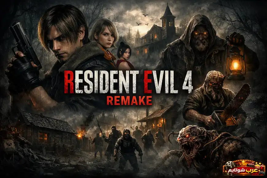 بوستر لعبة Resident Evil 4 Remake يُظهر ليون كينيدي وسط أجواء رعب في قرية مظلمة مليئة بالمخلوقات الخطيرة.