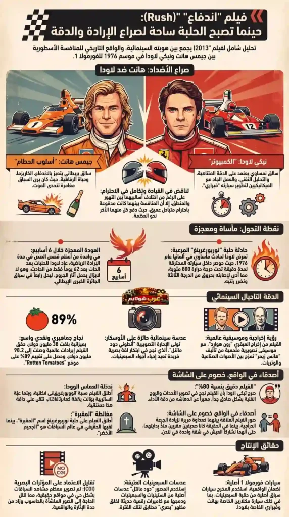 إنفوجرافيك تحليلي لفيلم «اندفاع» (Rush) يوضح الصراع بين جيمس هانت ونيكي لاودا في موسم الفورمولا 1 لعام 1976.