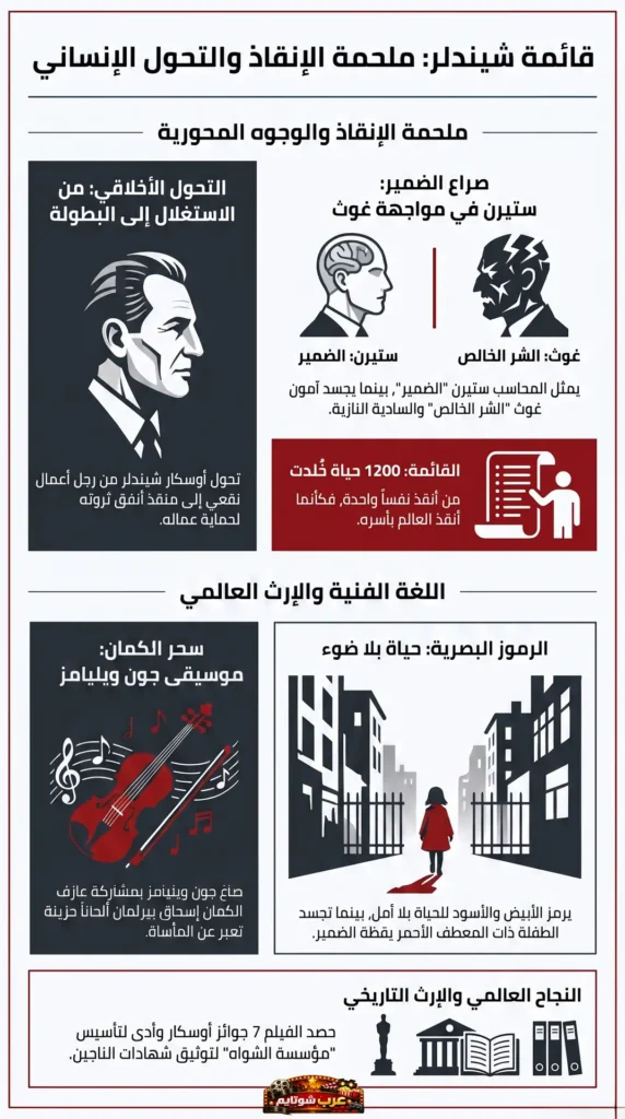 إنفوجرافيك فيلم قائمة شندلر يوضح التحول الإنساني والرسائل الأخلاقية والنجاح العالمي للفيلم.