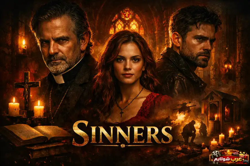 ملصق فيلم Sinners — صورة درامية داخل كنيسة مظلمة تضم ثلاث شخصيات رئيسية في أجواء غامضة تتخللها الشموع والرموز الدينية.