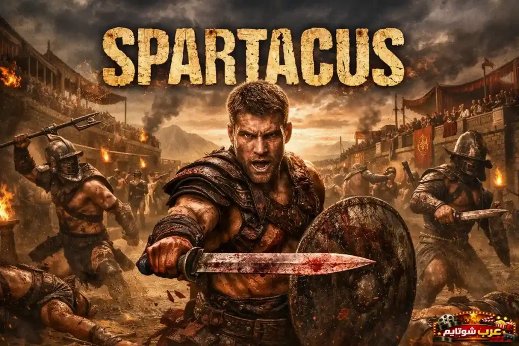 بوستر مسلسل Spartacus يظهر مصارعاً يقف في ساحة قتال مشتعلة وسط معركة شرسة مع عنوان المسلسل في الأعلى.