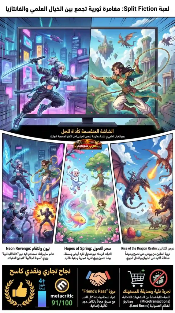 إنفوغرافيك ترويجي للعبة «سبلت فكشن» (Split Fiction) يُظهر مزيجًا بين الخيال العلمي والفانتازيا، مع شخصيات من عالمين متناقضين وأجواء مليئة بالتحديات والتقنيات السحرية.