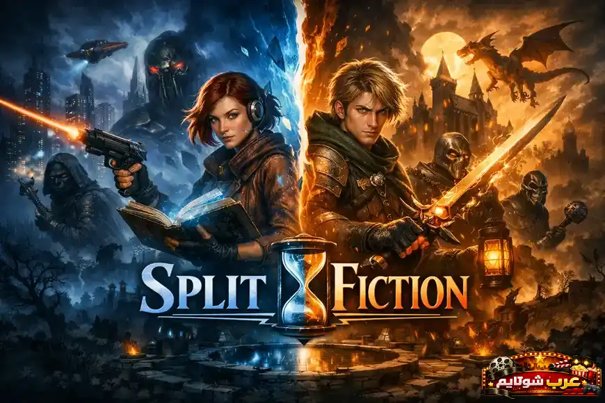 بوستر فني للعبة «سبلت فكشن» (Split Fiction) يُظهر انقسامًا بصريًا بين عالمٍ سايبربانك مستقبلي وعالمٍ فانتازي مليء بالتنانين والقلاع، مع الشخصيتين الرئيسيتين في مركز المشهد.