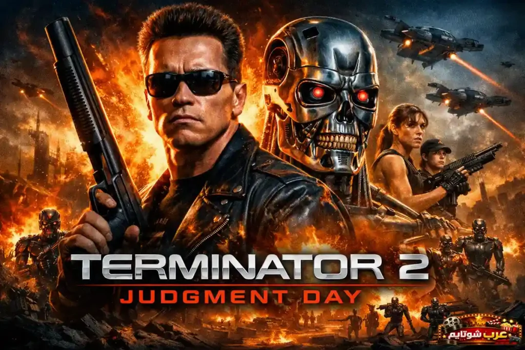 ملصق سينمائي لفيلم ترمنايتور 2: يوم الحساب يظهر شخصيات مسلّحة وروبوتاً معدنياً وسط مشاهد دمار ونيران في عالم مستقبلي قاتم.