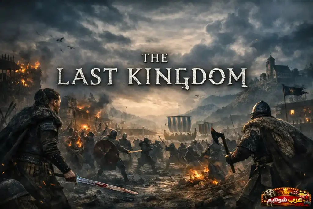 بوستر مسلسل The Last Kingdom يظهر محاربين في معركة شرسة تحت سماء عاصفة مع عنوان المسلسل في الأعلى.