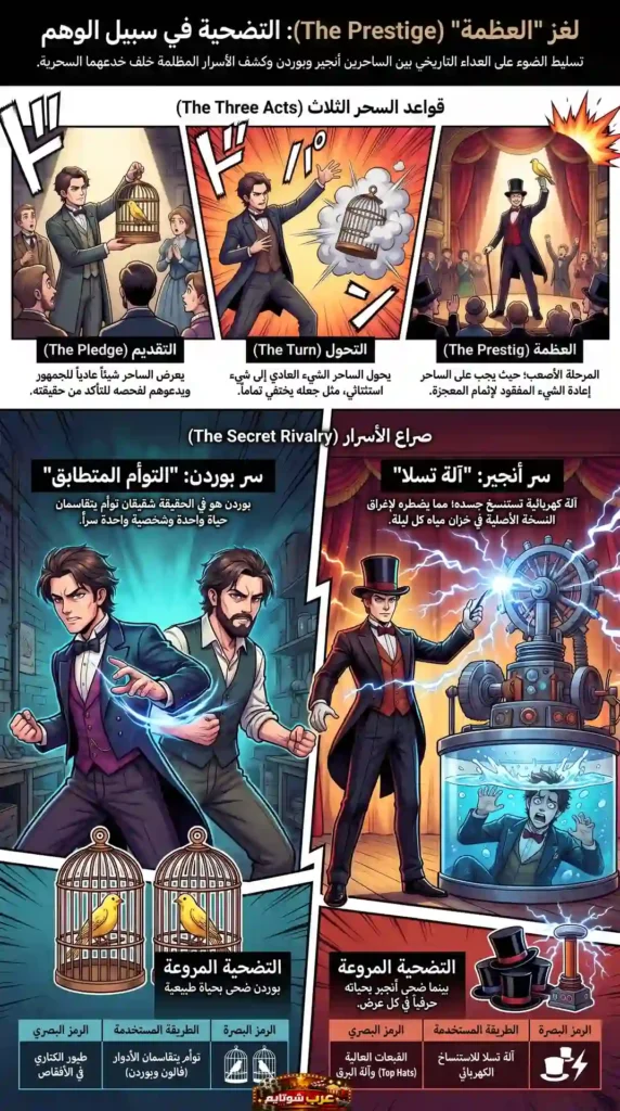 إنفوغرافيك يشرح قصة فيلم «العظمة» (The Prestige) وصراع السحرة بين أنجير وبوردن وأسرار خدعهم السحرية.