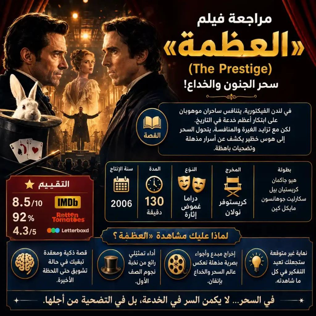 إنفوغرافيك يعرض مراجعة فيلم «العظمة» (The Prestige) مع الشخصيات الرئيسية وعناصر السحر والخداع في أجواء فيكتورية.