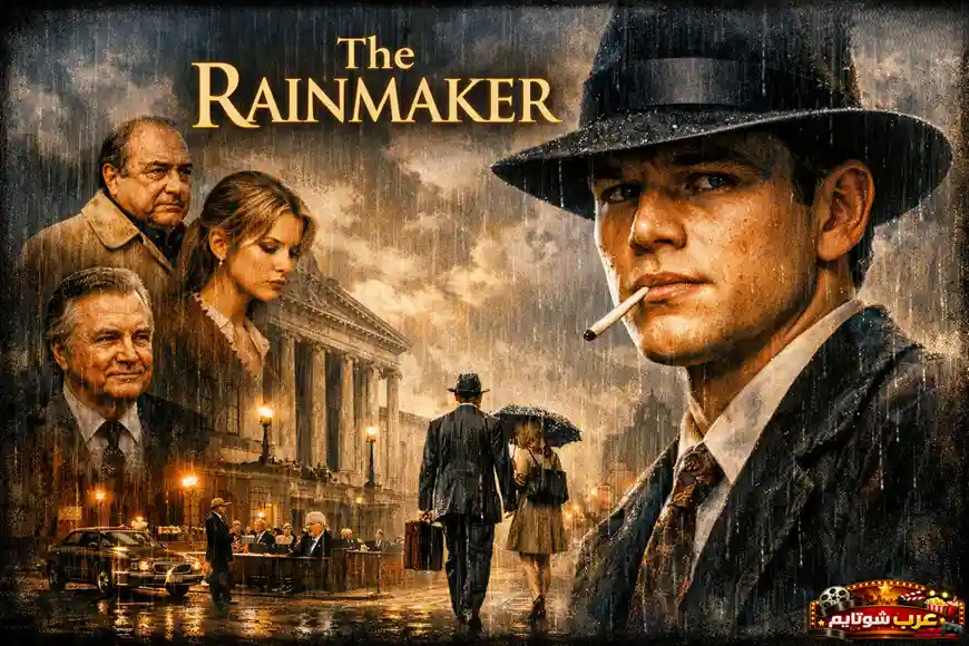 بوستر فيلم «صانع المطر» يظهر رجلاً يقف تحت المطر أمام مبنى محكمة، مع شخصيات أخرى في الخلفية تعكس أجواء الدراما القانونية.