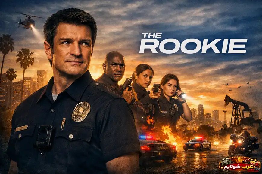 ملصق لمسلسل «The Rookie» يظهر ضباط شرطة لوس أنجلوس في مشهد مليء بالأكشن والإثارة داخل المدينة.