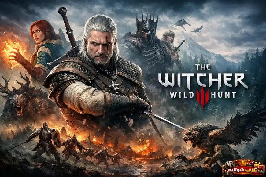 بوستر لعبة The Witcher 3: Wild Hunt يُظهر غيرالت أوف ريفيا في مواجهة عالم مظلم مليء بالوحوش والمعارك الملحمية.