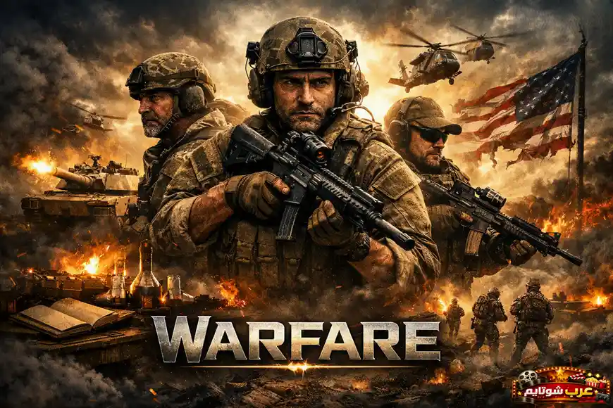 ملصق فيلم Warfare — صورة قتالية تضم جنوداً بملابس عسكرية وسط الدخان والنيران مع دبابات ومروحيات في خلفية معركة.