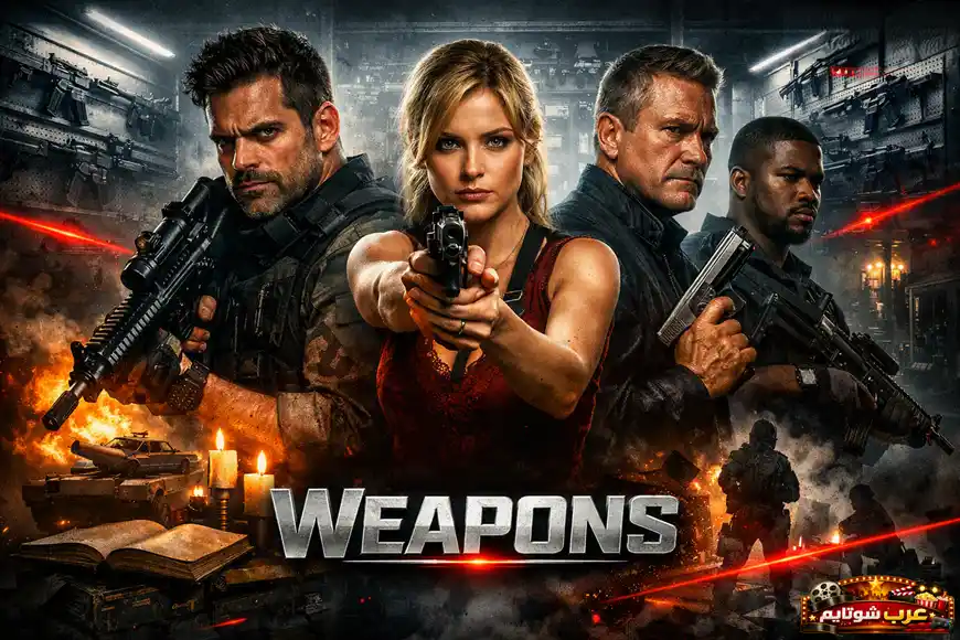 ملصق فيلم Weapons — صورة أكشن تضم أربعة أشخاص يحملون أسلحة في مشهد قتالي داخل بيئة عسكرية مكثّفة.
