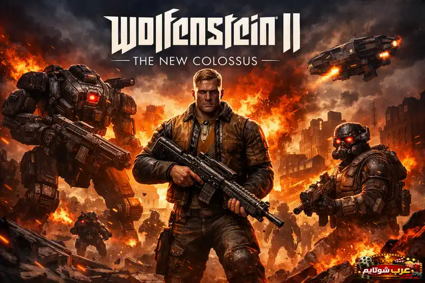 بوستر لعبة Wolfenstein II: The New Colossus يظهر بطل القصة وسط معركة نارية ضد قوات نازية وآليات ضخمة
