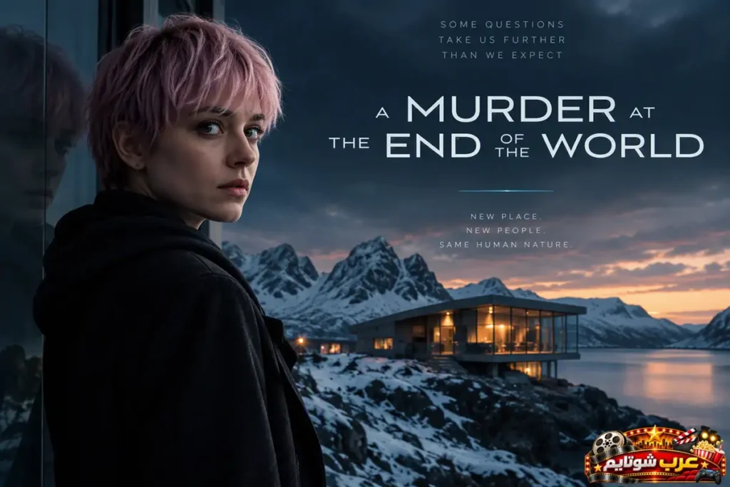 ملصق مسلسل A Murder at the End of the World (جريمة في نهاية العالم) يُظهر محققة شابة أمام منتجع معزول وسط جبال ثلجية، ضمن أجواء غامضة تحيط بجريمة قتل معقدة.