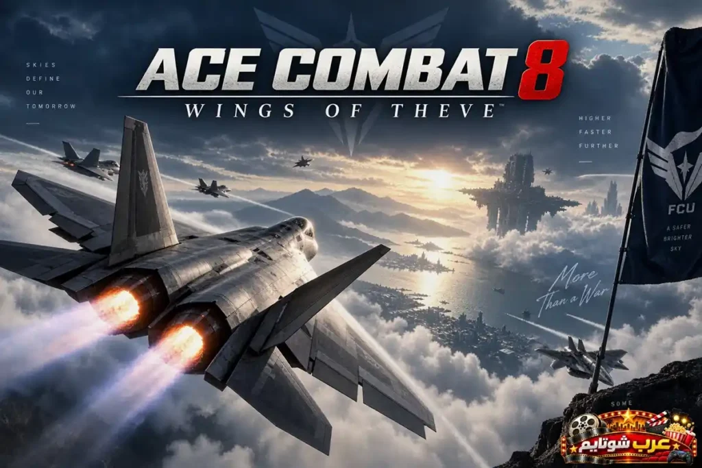 الملصق الرسمي للعبة Ace Combat 8: Wings of Theve ويُظهر مقاتلة حديثة تحلق فوق السحب مع عدة طائرات حربية ومنشآت عسكرية مستقبلية في الأفق.