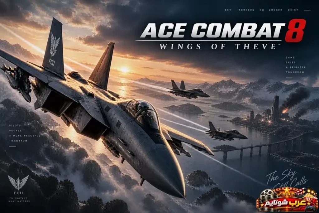 ملصق رسمي للعبة Ace Combat 8: Wings of Theve يُظهر مقاتلة حديثة تحلق فوق جبال وسواحل واسعة عند غروب الشمس، مع طائرات حربية أخرى ومعارك تدور في الأفق.