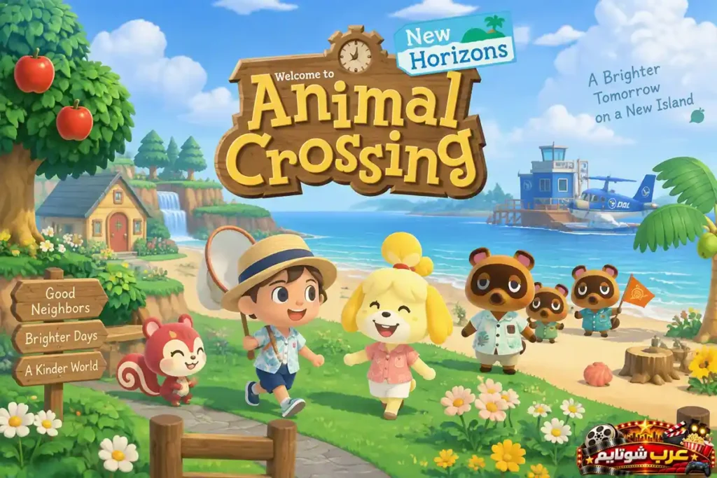 ملصق لعبة Animal Crossing: New Horizons يُظهر جزيرة استوائية هادئة مع شخصيات لطيفة وأنشطة يومية ممتعة في بيئة ملونة مناسبة للأطفال.