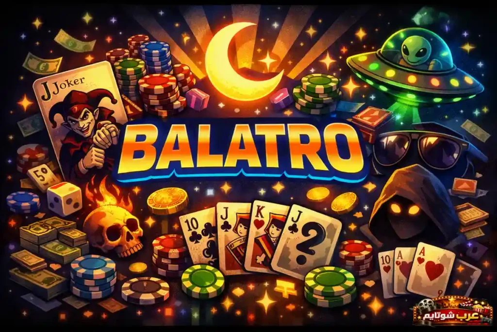 ملصق لعبة Balatro يُظهر بطاقات لعب، رقائق بوكر، نقود، ورموز كازينو في تصميم رقمي ملوّن مع شعار اللعبة في المنتصف.