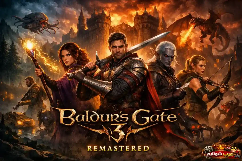 ملصق لعبة Baldur’s Gate 3 يعرض أبطالاً فانتزيين في مواجهة مخلوقات خطيرة وسط قلعة مشتعلة ومعركة ملحمية، مع شعار اللعبة في المنتصف.