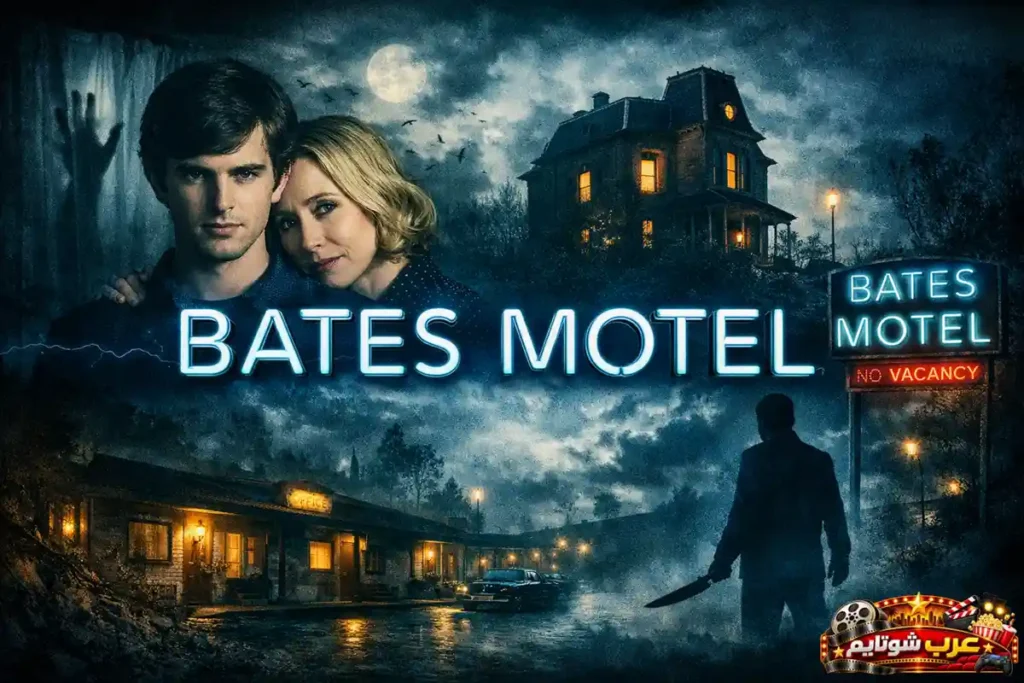 ملصق مسلسل Bates Motel يظهر نورما ونورمان بيتس أمام المنزل والموتيل في أجواء مظلمة توحي بالغموض والتوتر النفسي