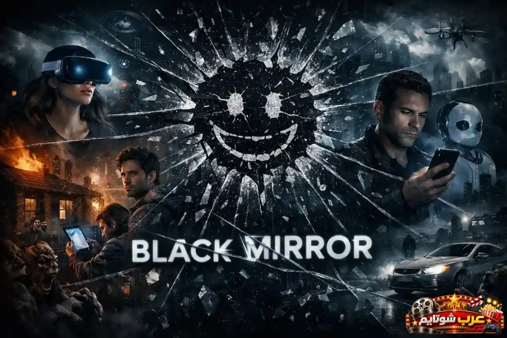 ملصق مسلسل Black Mirror مع زجاجٍ متشقق وشخصيات تمثل تأثير التكنولوجيا في عالمٍ مظلم ومستقبلي