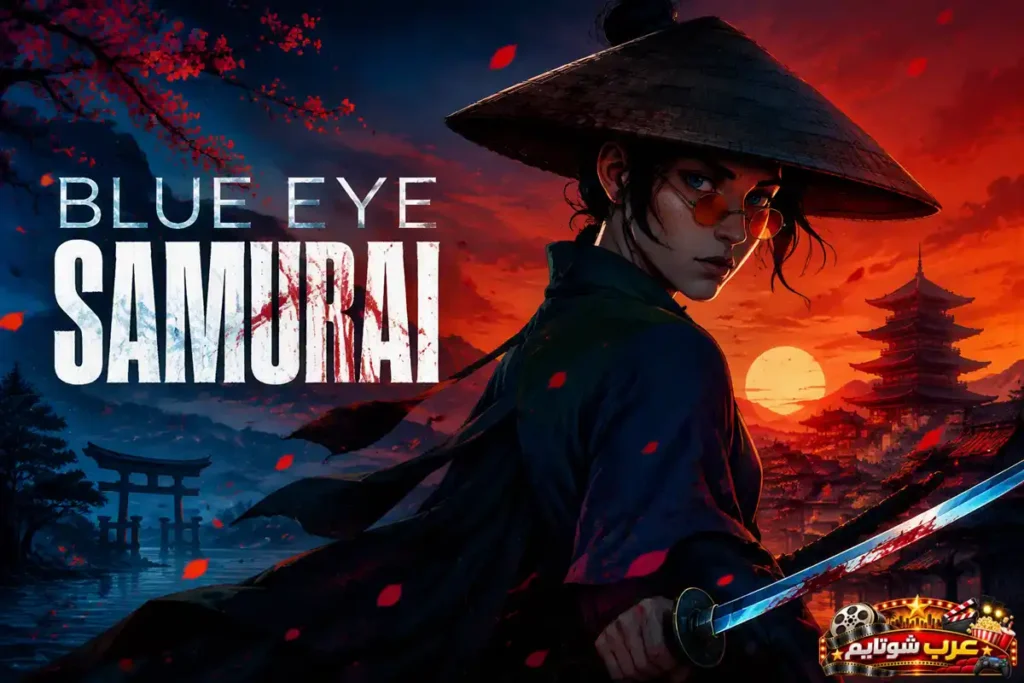 ملصق مسلسل Blue Eye Samurai يُظهر ساموراي ماهرًا يحمل سيفًا في مشهد مستوحى من اليابان الإقطاعية عند غروب الشمس.